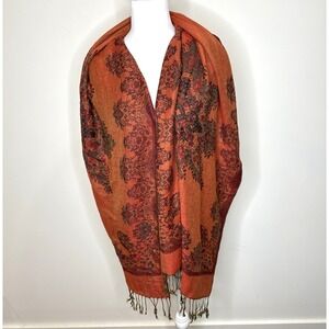 Pashmina Silk Scarf Shawl Wrap Red Orange Brown Fringe Old Money Luxury‎ 66"x27"